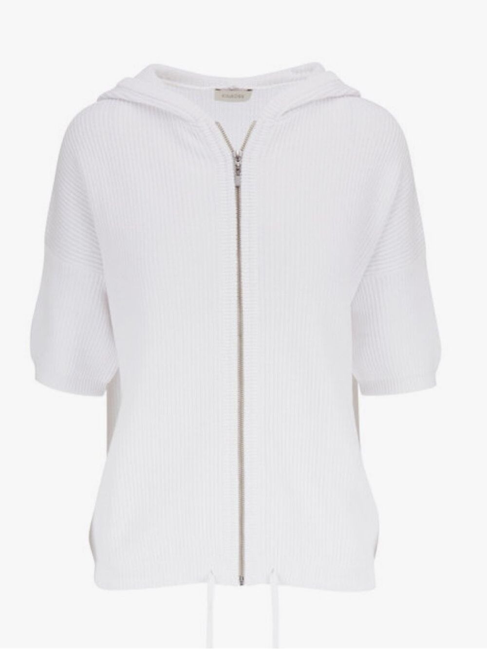 Kinross Women’s White Ribbed Knit Zip-Up Hooded Cardigan Sweater Short Sleeve M